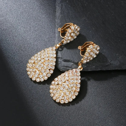 Water Drop Clip On Earring Cubic Zirconia Crystal Dangle Earrings Statement Earrings no pierced for Women Wedding Bridal jewelry
