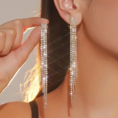 TREAZY Shiny 4 Lines  Rhinestone Crystal Tassel Long Earrings for Women Wedding Party Hanging Dangle Earrings Bridal Brincos