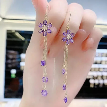 Green Shiny Zircon Flower Drop Earrings For Women Luxury Crystal Long Tassel Ear Line Hanging Earring Girls Wedding Jewelry Gift