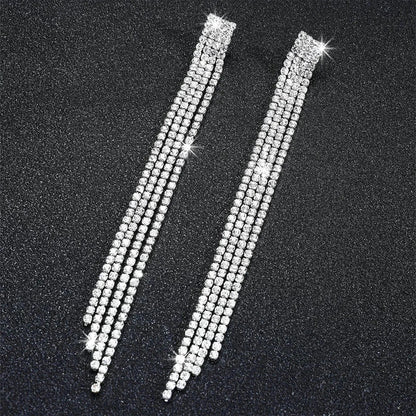 TREAZY Shiny 4 Lines  Rhinestone Crystal Tassel Long Earrings for Women Wedding Party Hanging Dangle Earrings Bridal Brincos