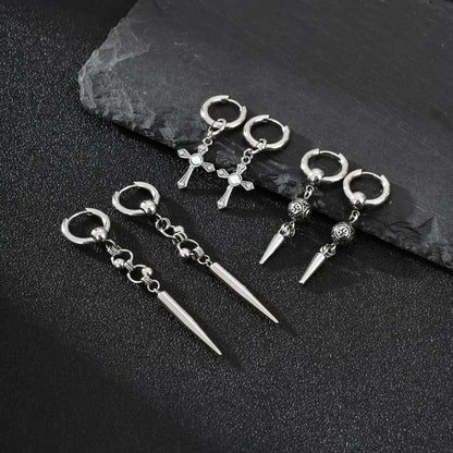 Punk Men's Huggies Earrings,Vintage Long Chain Stainless Steel Ear Drop,Stylish Cross Earring Gift
