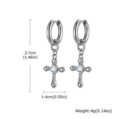 Punk Men's Huggies Earrings,Vintage Long Chain Stainless Steel Ear Drop,Stylish Cross Earring Gift