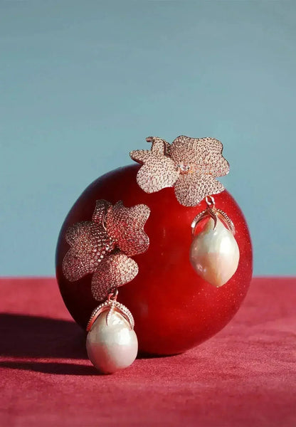 Baroque Pearl Flower Drop Earrings | Wedding Sterling Silver - Femstylo
