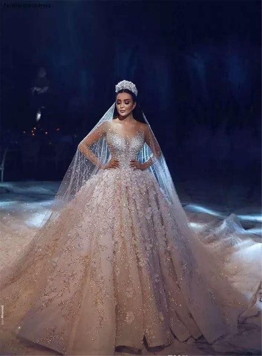 Luxury Beaded Lace Wedding Dress with 3D Floral Design
