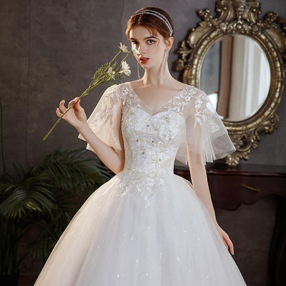 Sexy V Neck Simple Plus Size Wedding Dress Lace Flower Dress