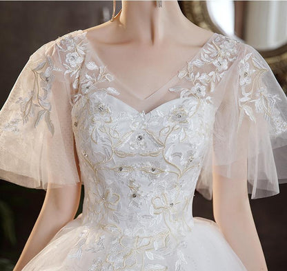 Sexy V Neck Simple Plus Size Wedding Dress Lace Flower Dress